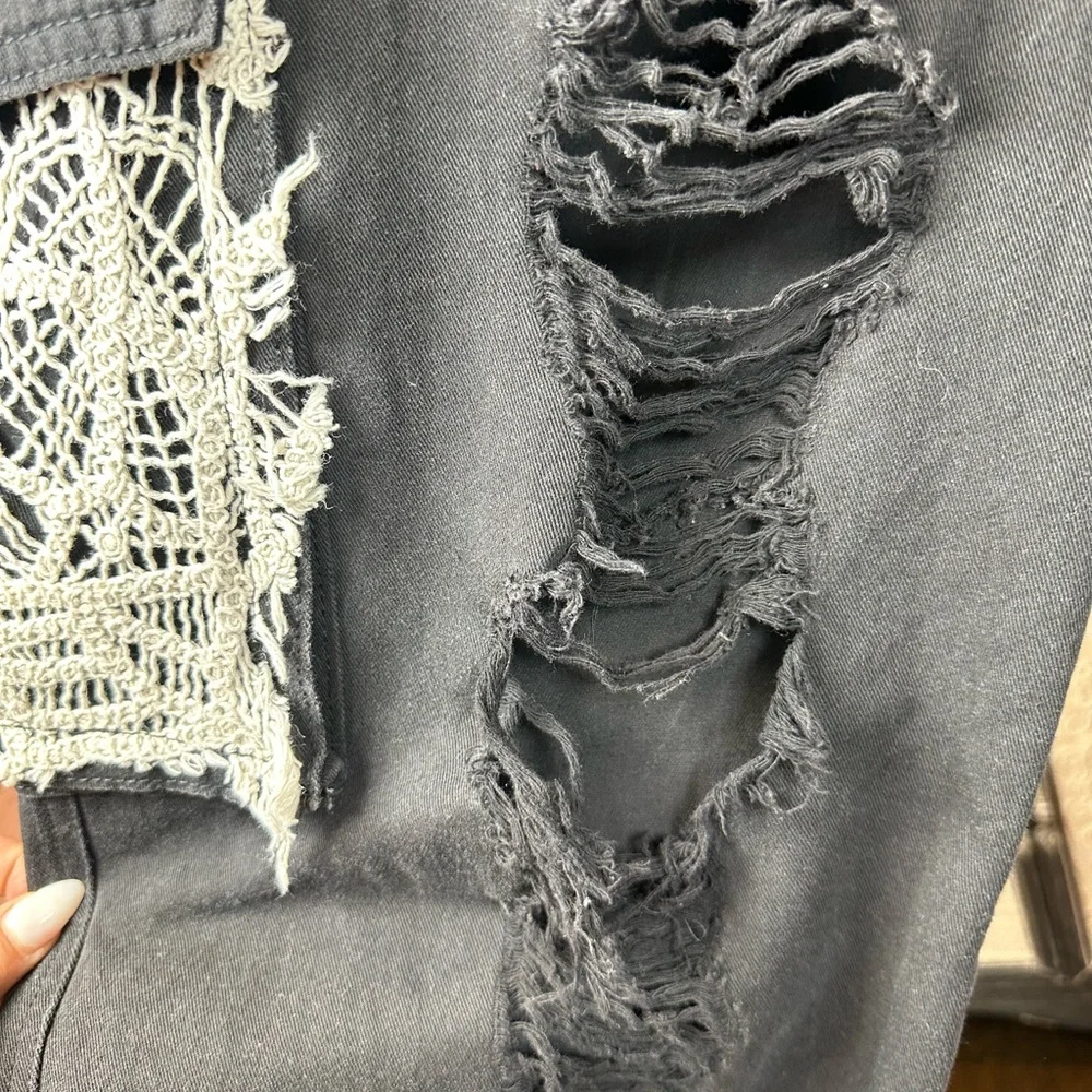 🆕 POL Crochet Patchwork Black Distressed Jogger Pants w/Lace and Knit Accents